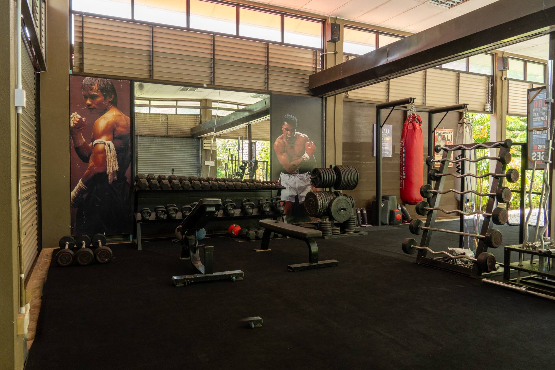 Fully equipped gym at Bambu with free weights and machines